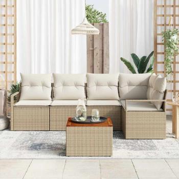 6-teiliges Garten Sofa Set mit Kissen Beige Poly Rattan Akazie, 2-Sitzer Garten Sofa mit Kissen Beige Poly Rattan