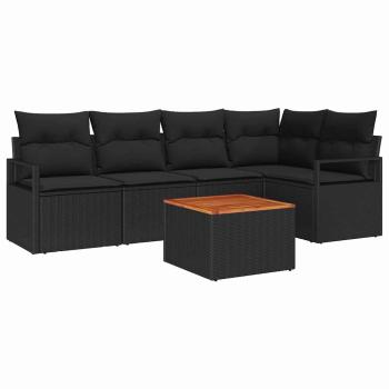 6-teiliges Garten-Sofa-Set mit Kissen Schwarz Poly-Rattan Akazie, 2-Sitzer Garten-Sofa mit Kissen Schwarz Poly-Rattan