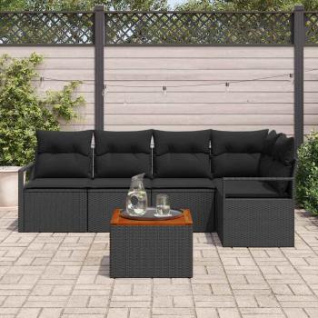 6-teiliges Garten-Sofa-Set mit Kissen Schwarz Poly-Rattan Akazie, 2-Sitzer Garten-Sofa mit Kissen Schwarz Poly-Rattan