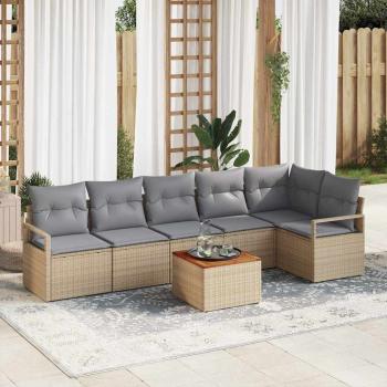ARDEBO.de - 7-teiliges Garten-Sofa-Set mit Kissen Beige Poly Rattan Akazie, 2-Sitzer Garten-Sofa mit Kissen Beige Poly Rattan