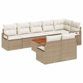 9-teiliges Garten Sofa Set mit Kissen Beige Poly Rattan Akazie, 2-Sitzer Garten Sofa mit Kissen Beige Poly Rattan