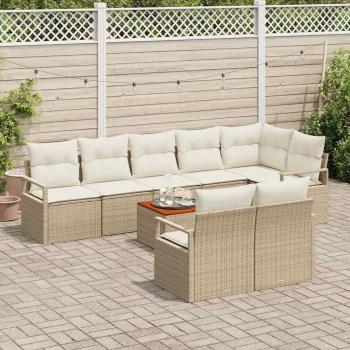 9-teiliges Garten Sofa Set mit Kissen Beige Poly Rattan Akazie, 2-Sitzer Garten Sofa mit Kissen Beige Poly Rattan