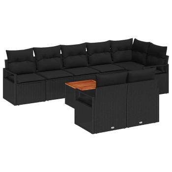 9-Teiliges Garten Sofa Set mit Kissen Schwarz Poly Rattan Akazie, 2-Sitzer Garten Sofa mit Kissen Schwarz Poly Rattan