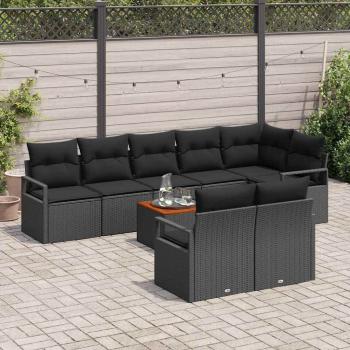 9-Teiliges Garten Sofa Set mit Kissen Schwarz Poly Rattan Akazie, 2-Sitzer Garten Sofa mit Kissen Schwarz Poly Rattan