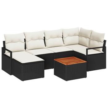 7-teiliges Garten Sofa Set mit Kissen Schwarz Poly Rattan Akazie, 2-Sitzer Garten Sofa mit Kissen Schwarz Poly Rattan