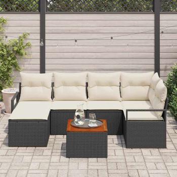7-teiliges Garten Sofa Set mit Kissen Schwarz Poly Rattan Akazie, 2-Sitzer Garten Sofa mit Kissen Schwarz Poly Rattan