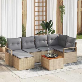 ARDEBO.de - 7-teiliges Garten Sofa Set mit Kissen Beige Poly Rattan Akazie, 2-Sitzer Garten Sofa mit Kissen Beige Poly Rattan