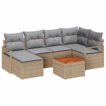 7-teiliges Garten Sofa Set mit Kissen Beige Poly Rattan Akazie, 2-Sitzer Garten Sofa mit Kissen Beige Poly Rattan