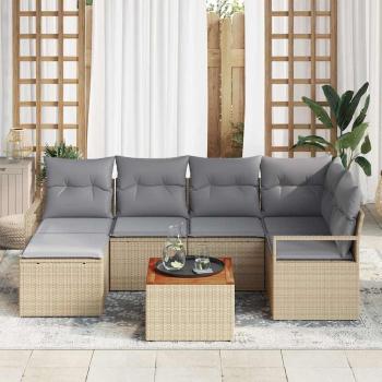 7-teiliges Garten Sofa Set mit Kissen Beige Poly Rattan Akazie, 2-Sitzer Garten Sofa mit Kissen Beige Poly Rattan