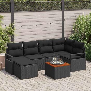 ARDEBO.de - 7-teiliges Garten Sofa Set mit Kissen Schwarz Poly Rattan Akazie, 2-Sitzer Garten Sofa mit Kissen Schwarz Poly Rattan
