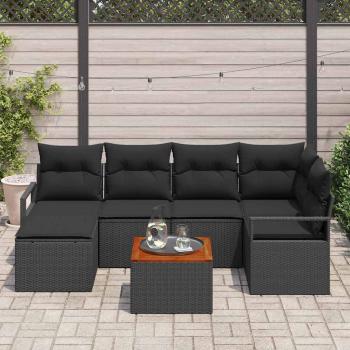 7-teiliges Garten Sofa Set mit Kissen Schwarz Poly Rattan Akazie, 2-Sitzer Garten Sofa mit Kissen Schwarz Poly Rattan