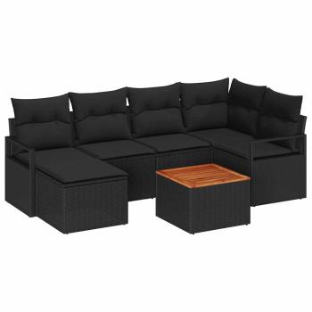 7-teiliges Garten Sofa Set mit Kissen Schwarz Poly Rattan Akazie, 2-Sitzer Garten Sofa mit Kissen Schwarz Poly Rattan