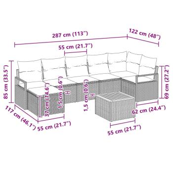 8-teiliges Garten-Sofa-Set mit Kissen Grau Kunststoff-Rattan Akazie, 2-Sitzer Garten-Sofa mit Kissen Grau Kunststoff-Rattan