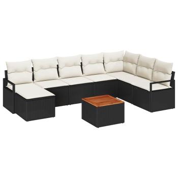 9-teiliges Garten-Sofa-Set mit Kissen Schwarz Poly-Rattan Akazie, 2-Sitzer Garten-Sofa mit Kissen Schwarz Poly-Rattan