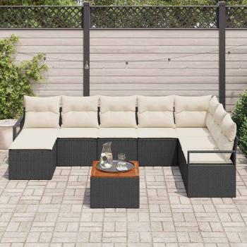 9-teiliges Garten-Sofa-Set mit Kissen Schwarz Poly-Rattan Akazie, 2-Sitzer Garten-Sofa mit Kissen Schwarz Poly-Rattan