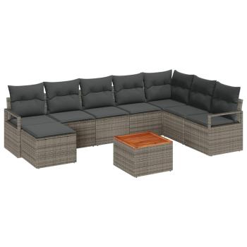 9-teiliges Garten Sofa Set mit Kissen Grau Poly Rattan Akazienholz, 2-Sitzer Garten Sofa mit Kissen Grau Poly Rattan