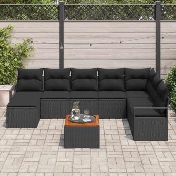 9-teiliges Garten-Sofa-Set mit Kissen in Schwarz aus Poly-Rattan und Akazie, 2-Sitzer Garten-Sofa mit Kissen in Schwarz aus Poly-Rattan