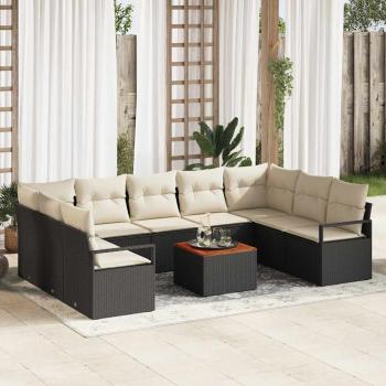 ARDEBO.de - 10-teiliges Garten Sofa Set mit Kissen Schwarz Poly-Rattan Akazie, 2-Sitzer Garten Sofa mit Kissen Schwarz Poly-Rattan