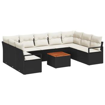 10-teiliges Garten Sofa Set mit Kissen Schwarz Poly-Rattan Akazie, 2-Sitzer Garten Sofa mit Kissen Schwarz Poly-Rattan