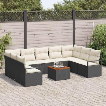 10-teiliges Garten Sofa Set mit Kissen Schwarz Poly-Rattan Akazie, 2-Sitzer Garten Sofa mit Kissen Schwarz Poly-Rattan