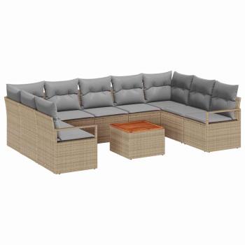 10-teiliges Garten-Sofa-Set mit Kissen Beige Poly Rattan Akazie, 2-Sitzer Garten-Sofa mit Kissen Beige Poly Rattan