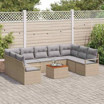 10-teiliges Garten-Sofa-Set mit Kissen Beige Poly Rattan Akazie, 2-Sitzer Garten-Sofa mit Kissen Beige Poly Rattan