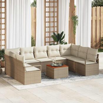 ARDEBO.de - 10-teiliges Garten-Sofa-Set mit Kissen Beige Poly-Rattan Akazie, 2-Sitzer Garten-Sofa mit Kissen Beige Poly-Rattan