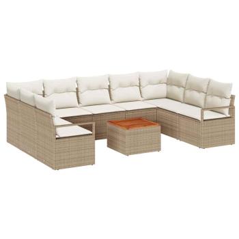 10-teiliges Garten-Sofa-Set mit Kissen Beige Poly-Rattan Akazie, 2-Sitzer Garten-Sofa mit Kissen Beige Poly-Rattan