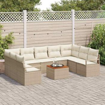 10-teiliges Garten-Sofa-Set mit Kissen Beige Poly-Rattan Akazie, 2-Sitzer Garten-Sofa mit Kissen Beige Poly-Rattan