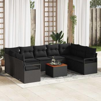 ARDEBO.de - 10-teiliges Garten Sofa Set mit Kissen Schwarz Poly Rattan Akazie, 2-Sitzer Garten Sofa mit Kissen Schwarz Poly Rattan
