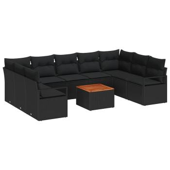 10-teiliges Garten Sofa Set mit Kissen Schwarz Poly Rattan Akazie, 2-Sitzer Garten Sofa mit Kissen Schwarz Poly Rattan