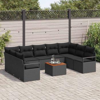 10-teiliges Garten Sofa Set mit Kissen Schwarz Poly Rattan Akazie, 2-Sitzer Garten Sofa mit Kissen Schwarz Poly Rattan