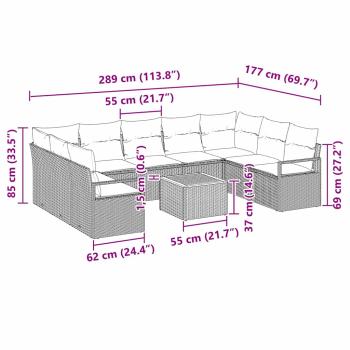 10-teiliges Garten Sofa Set mit Kissen Schwarz Poly Rattan Akazie, 2-Sitzer Garten Sofa mit Kissen Schwarz Poly Rattan