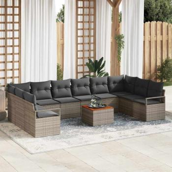 ARDEBO.de - 11-teiliges Garten Sofaset mit Kissen Grau Poly Rattan Akazie, 2-Sitzer Garten Sofa mit Kissen Grau Poly Rattan