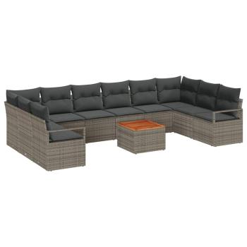 11-teiliges Garten Sofaset mit Kissen Grau Poly Rattan Akazie, 2-Sitzer Garten Sofa mit Kissen Grau Poly Rattan