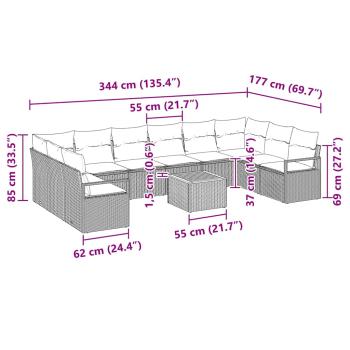 11-teiliges Garten-Sofa-Set mit Kissen Beige Poly Rattan Akazie, 2-Sitzer Garten-Sofa mit Kissen Beige Poly Rattan