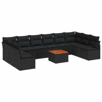 11-teiliges Garten Sofa Set mit Kissen Schwarz Poly Rattan Akazie, 2-Sitzer Garten Sofa mit Kissen Schwarz Poly Rattan