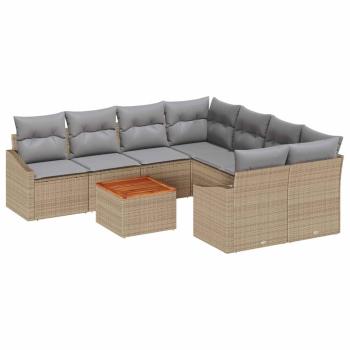 9-teiliges Garten Sofa Set mit Kissen Beige Poly Rattan Akazie