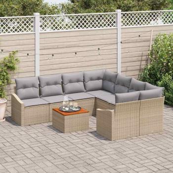 9-teiliges Garten Sofa Set mit Kissen Beige Poly Rattan Akazie