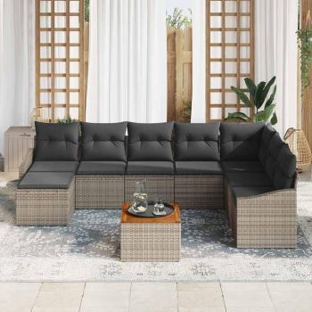 9-teiliges Garten Sofa Set mit Kissen Grau Poly Rattan Akazie