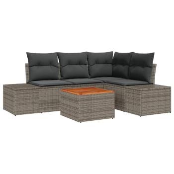 5-teiliges Garten-Sofa-Set mit Kissen Grau Poly Rattan Akazie