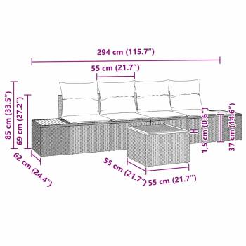 5-teiliges Garten Sofa Set mit Kissen Schwarz Polyrattan Akazie