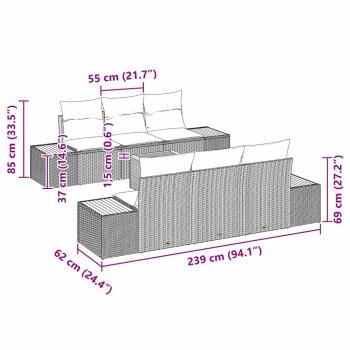 7-teiliges Garten Sofa Set mit Kissen Schwarz Poly Rattan Akazie