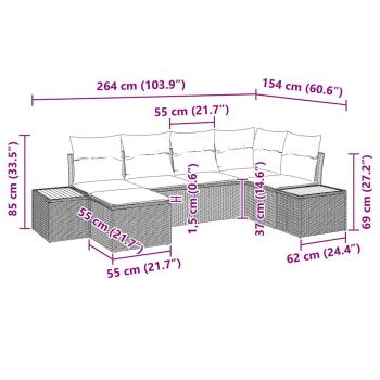6-teiliges Garten Sofa Set mit Kissen Schwarz Poly Rattan Akazie