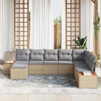 8-teiliges Garten Sofa Set mit Kissen Beige Poly Rattan Akazie