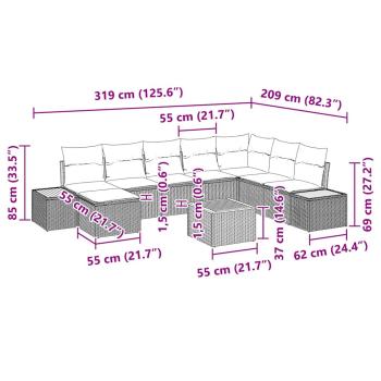 9-teiliges Garten Sofa Set mit Kissen Grau Poly Rattan Akazie