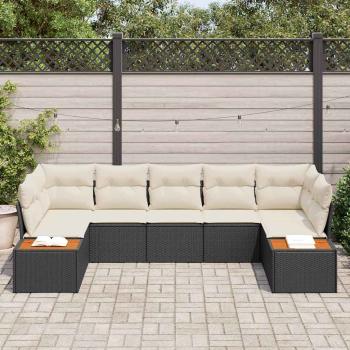 7-teiliges Garten-Sofaset mit Kissen Schwarz Poly Rattan Akazie