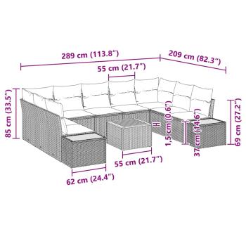 10-teiliges Garten Sofa Set mit Kissen Beige Poly Rattan Akazie