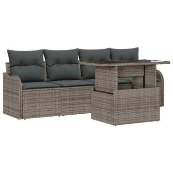 5-teiliges Garten Sofa Set mit Kissen Graues Poly-Rattan, 2-Sitzer Garten Sofa mit Kissen Graues Poly-Rattan