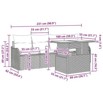 5-teiliges Garten Sofa Set mit Kissen Beige Poly Rattan, 2-Sitzer Garten Sofa mit Kissen Beige Poly Rattan